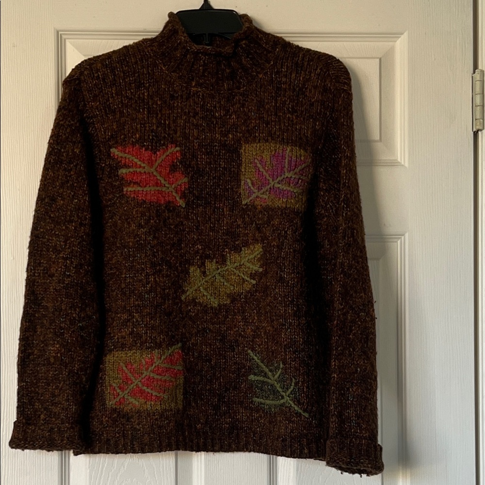 Dress Barn Brown Turtleneck Sweater with Leaf Accents